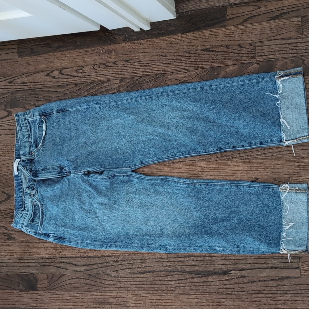 Loft Slouch Blue Denim Jeans with Frayed Hem And Cuffed Bottoms
